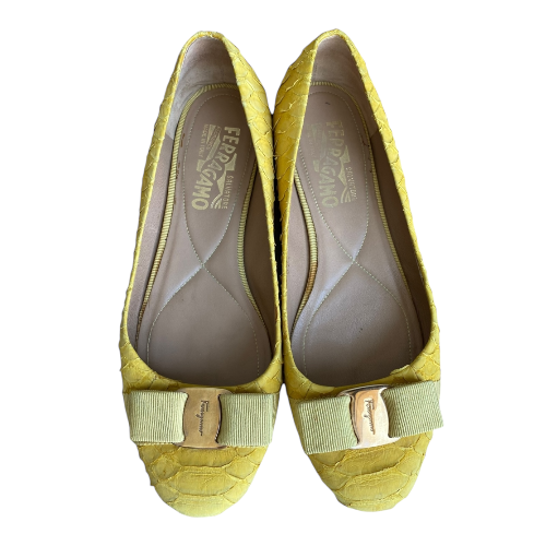 SALVATORE FERRAGAMO Yellow Python Suede Varina Ballet Flats, Size 36.5