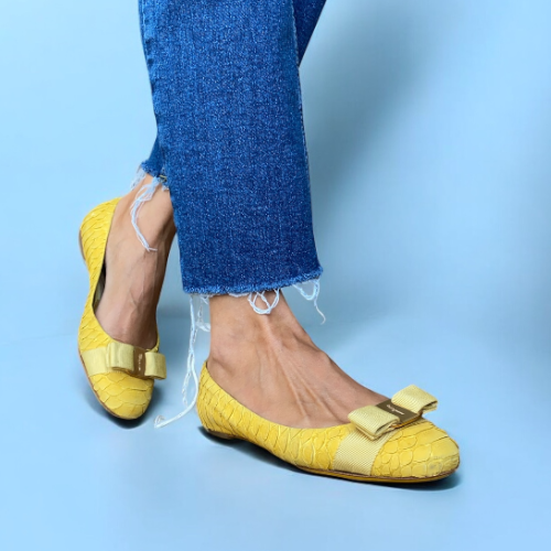 SALVATORE FERRAGAMO Yellow Python Suede Varina Ballet Flats, Size 36.5
