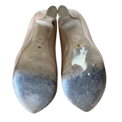 SERGIO ROSSI Beige Patent Leather Almond Toe Platform Pumps, Size 35