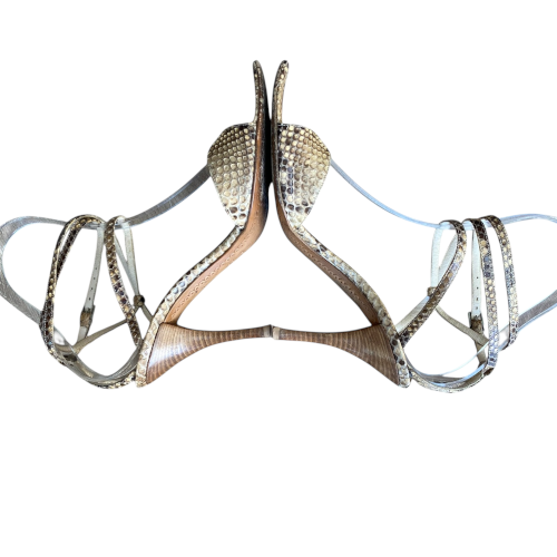 SERGIO ROSSI Beige Python Leather Ankle Strap Heeled Sandals, Size 40