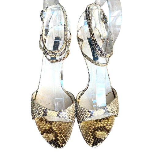 SERGIO ROSSI Beige Python Leather Ankle Strap Heeled Sandals, Size 40