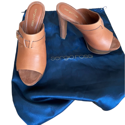 SERGIO ROSSI Brown Leather Open Toe Mules Slide Sandals, Size 38.5