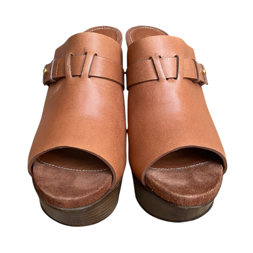 SERGIO ROSSI Brown Leather Open Toe Mules Slide Sandals, Size 38.5