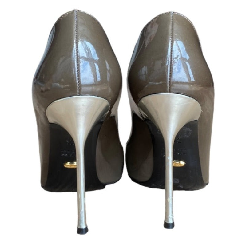 SERGIO ROSSI Gray Degrade Patent Leather Black Cap Toe Silver Heel Pumps, Size 36