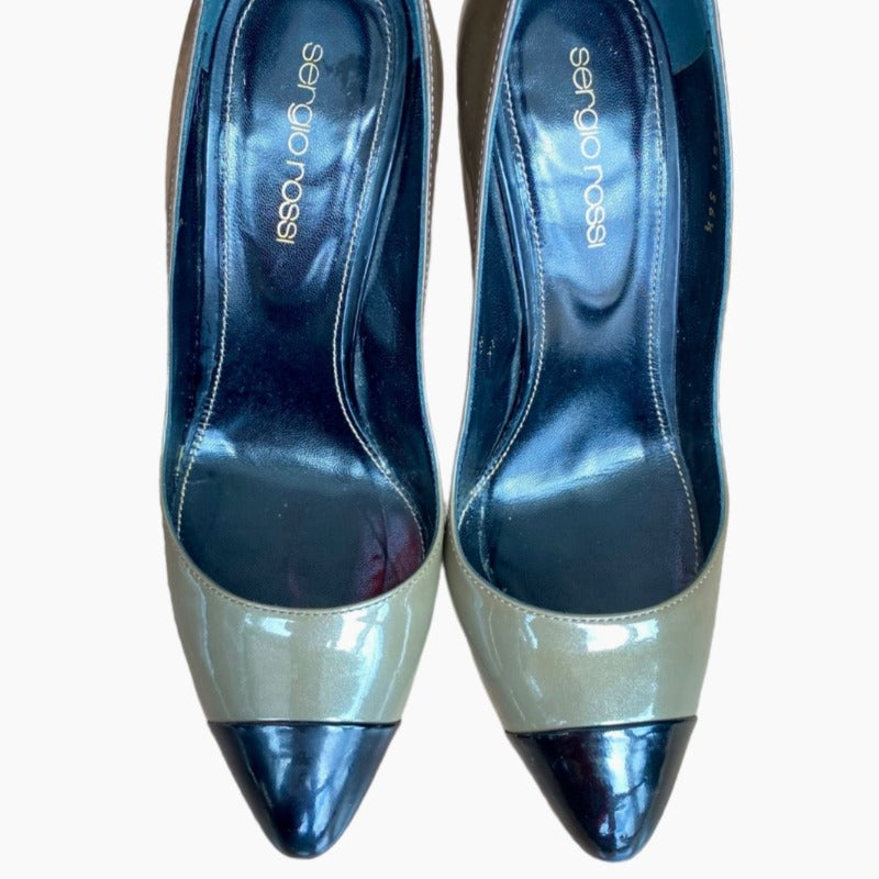 SERGIO ROSSI Gray Degrade Patent Leather Black Cap Toe Silver Heel Pumps, Size 36