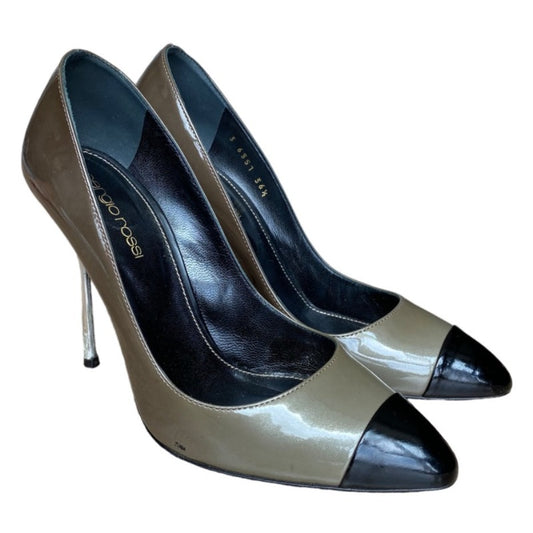 SERGIO ROSSI Gray Degrade Patent Leather Black Cap Toe Silver Heel Pumps, Size 36