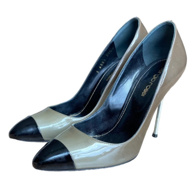 SERGIO ROSSI Gray Degrade Patent Leather Black Cap Toe Silver Heel Pumps, Size 36