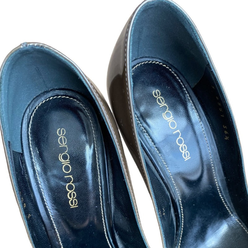 SERGIO ROSSI Gray Degrade Patent Leather Black Cap Toe Silver Heel Pumps, Size 36