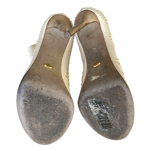 SERGIO ROSSI White Leather Gold Studded Peep Toe Zipper Ankle Boots, Size 36