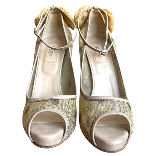 VALENTINO Beige Jute & Leather Polkadot Bow Peep Toe Ankle Strap Pumps, Size 39