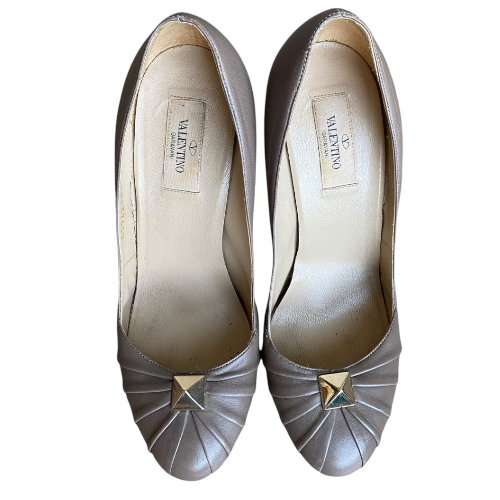VALENTINO Brown Taupe Leather Rockstud Pleated Platform Pumps, Size 39