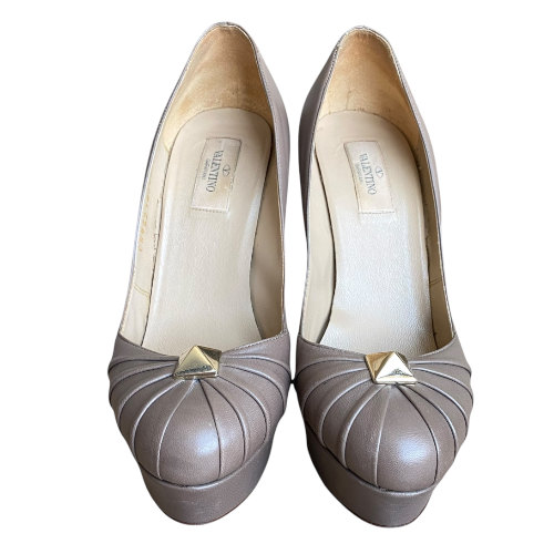 VALENTINO Brown Taupe Leather Rockstud Pleated Platform Pumps, Size 39
