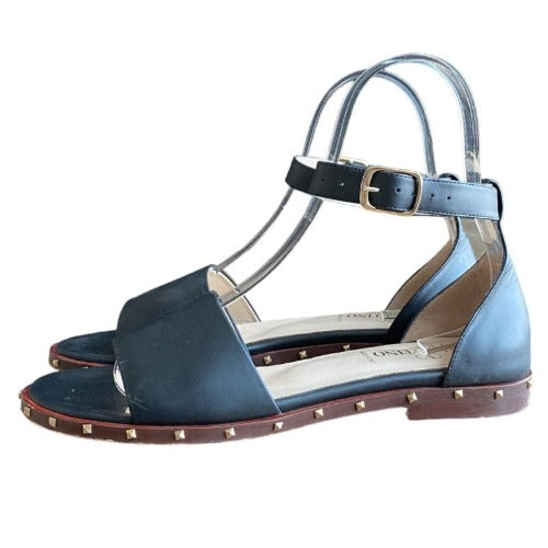 VALENTINO GARAVANI Black Leather Rockstud Ankle Strap Flat Sandals, Size 40