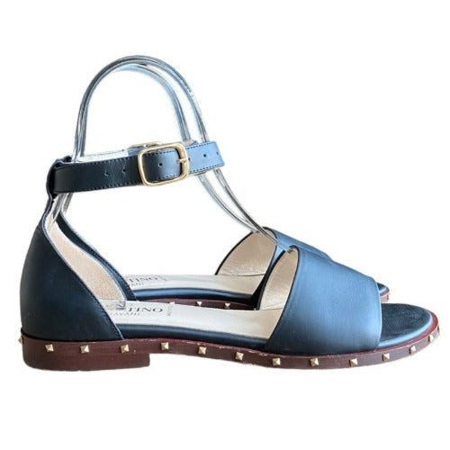 VALENTINO GARAVANI Black Leather Rockstud Ankle Strap Flat Sandals, Size 40