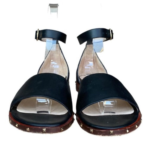 VALENTINO GARAVANI Black Leather Rockstud Ankle Strap Flat Sandals, Size 40