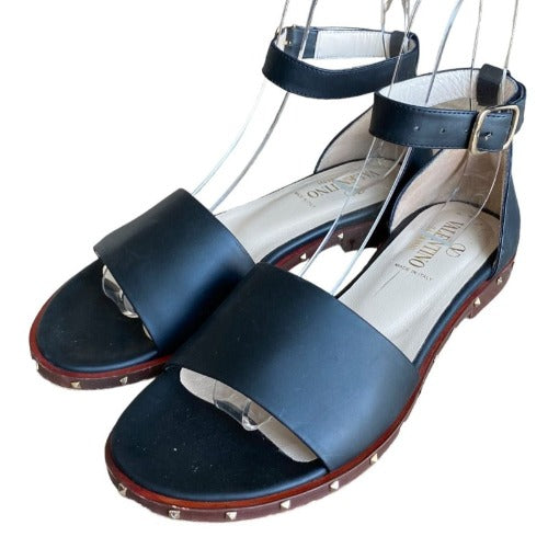 VALENTINO GARAVANI Black Leather Rockstud Ankle Strap Flat Sandals, Size 40
