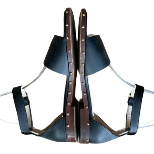 VALENTINO GARAVANI Black Leather Rockstud Ankle Strap Flat Sandals, Size 40