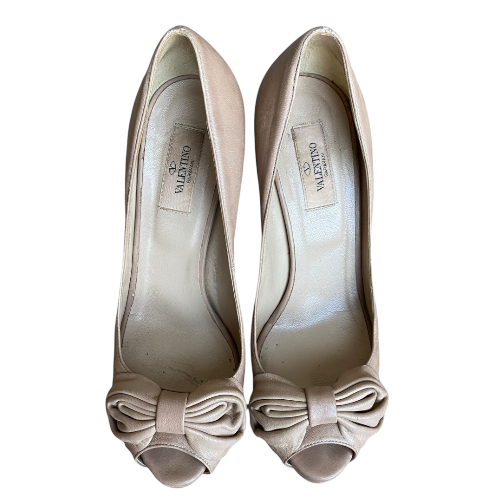 VALENTINO GARAVANI Taupe Leather Bow Detail Peep Toe Platform Pumps, Size 39