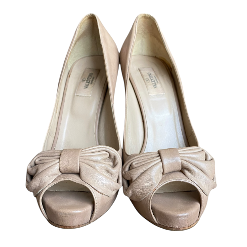 VALENTINO GARAVANI Taupe Leather Bow Detail Peep Toe Platform Pumps, Size 39