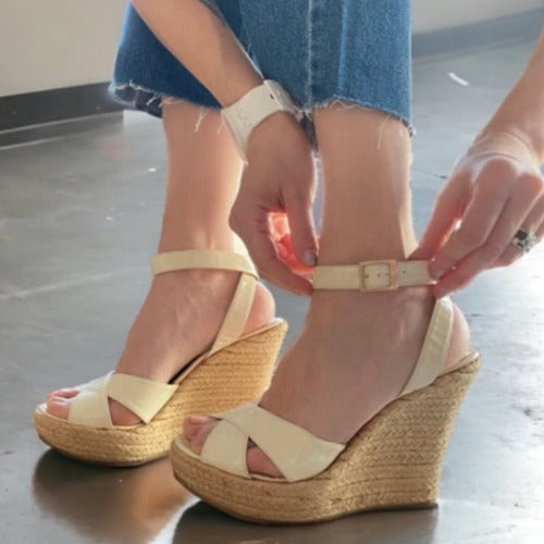 JIMMY CHOO Phoenix Espadrilles White Patent Leather Wedge Sandals, Size 41