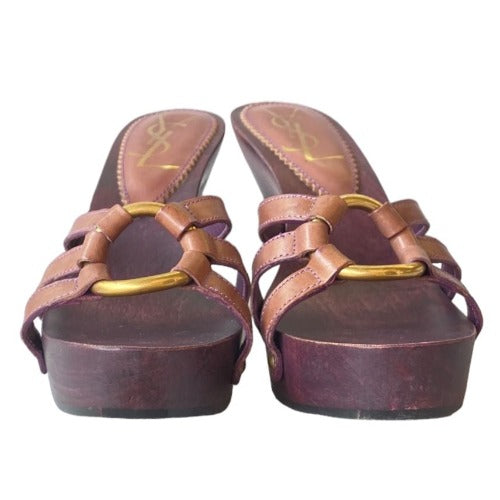 YSL YVES SAINT LAURENT Brown Leather Strappy, Wood Clog Platform Mules, Size 36