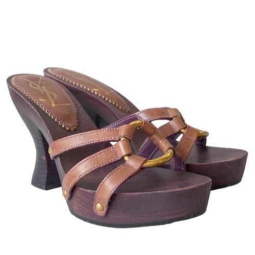 YSL YVES SAINT LAURENT Brown Leather Strappy, Wood Clog Platform Mules, Size 36