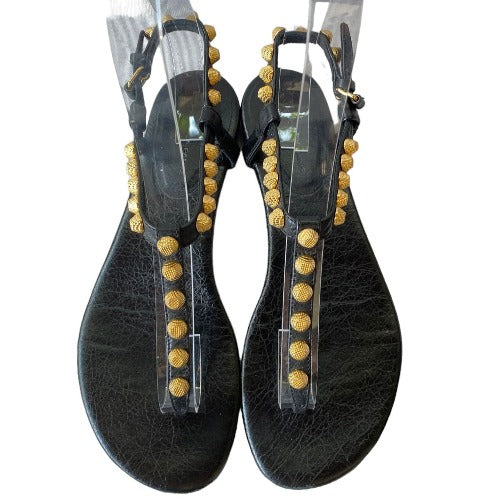 BALENCIAGA Black Leather Gold Studded Thong Flat Sandals, Size 37.5