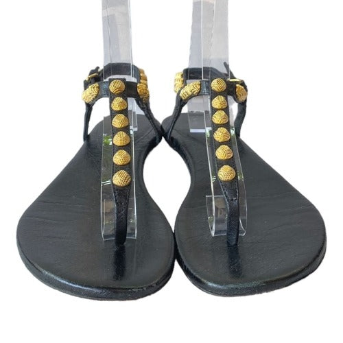 BALENCIAGA Black Leather Gold Studded Thong Flat Sandals, Size 37.5