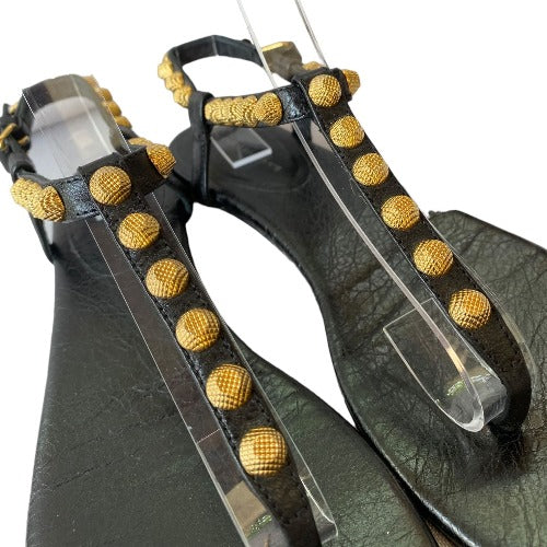BALENCIAGA Black Leather Gold Studded Thong Flat Sandals, Size 37.5