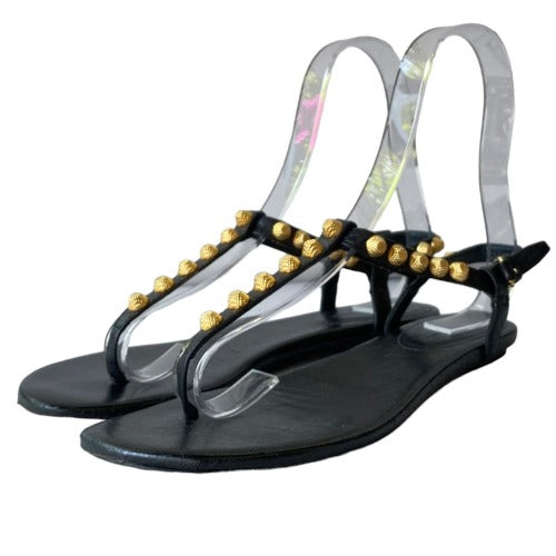 BALENCIAGA Black Leather Gold Studded Thong Flat Sandals, Size 37.5