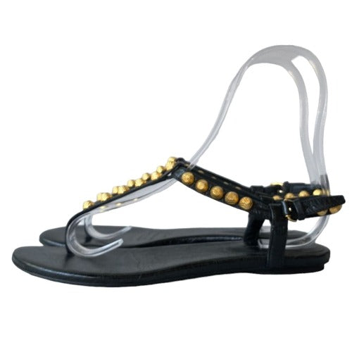 BALENCIAGA Black Leather Gold Studded Thong Flat Sandals, Size 37.5
