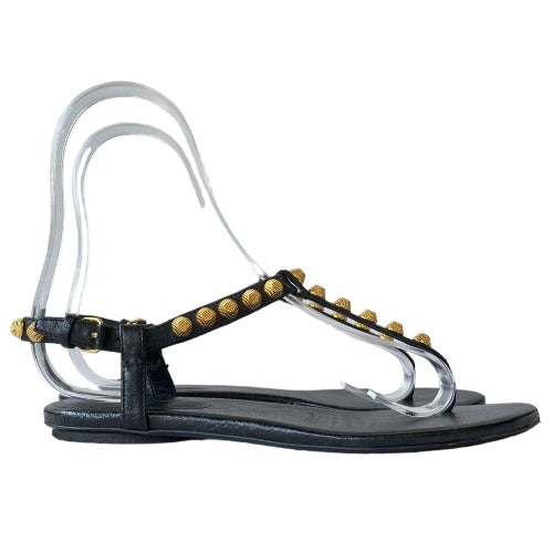 BALENCIAGA Black Leather Gold Studded Thong Flat Sandals, Size 37.5