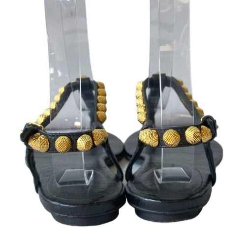 BALENCIAGA Black Leather Gold Studded Thong Flat Sandals, Size 37.5
