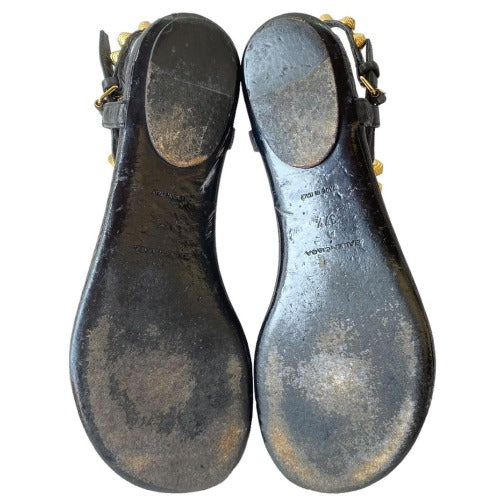BALENCIAGA Black Leather Gold Studded Thong Flat Sandals, Size 37.5