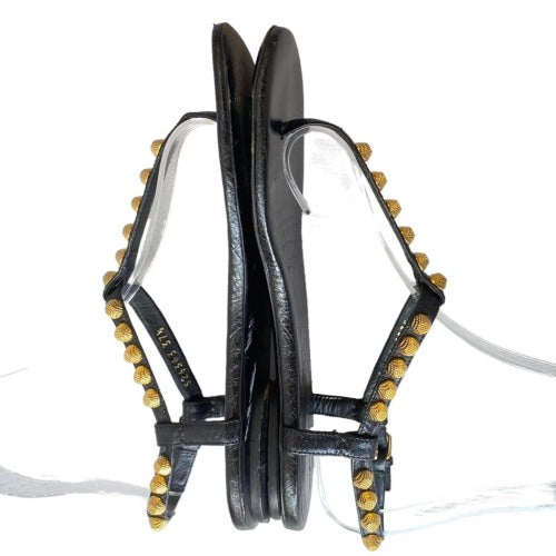 BALENCIAGA Black Leather Gold Studded Thong Flat Sandals, Size 37.5