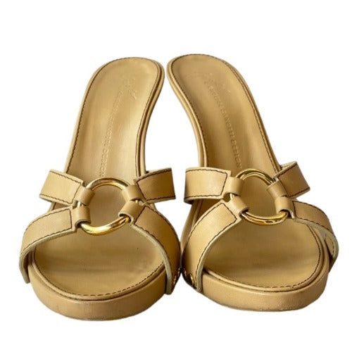 GIUSEPPE ZANOTTI Beige Leather Platform Heeled Slide Sandals, Size 36