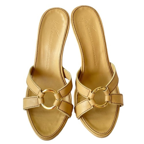 GIUSEPPE ZANOTTI Beige Leather Platform Heeled Slide Sandals, Size 36
