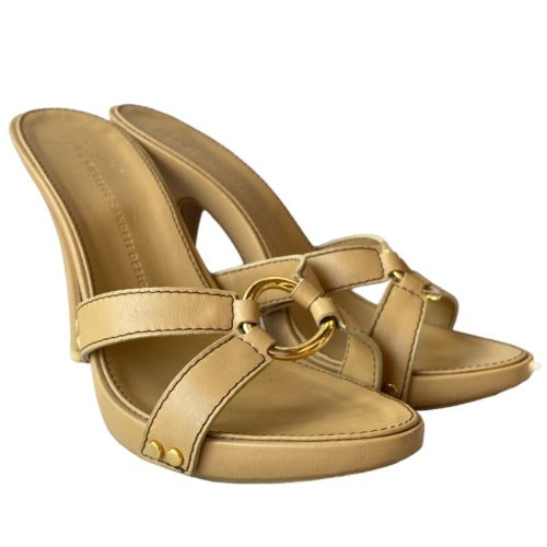 GIUSEPPE ZANOTTI Beige Leather Platform Heeled Slide Sandals, Size 36