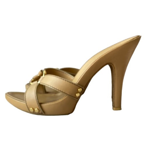 GIUSEPPE ZANOTTI Beige Leather Platform Heeled Slide Sandals, Size 36