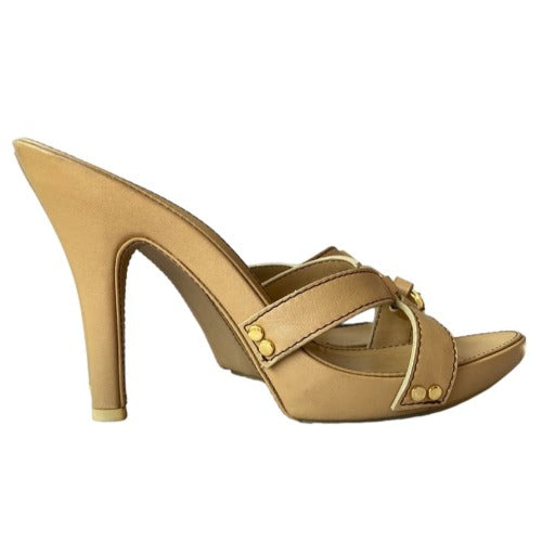 GIUSEPPE ZANOTTI Beige Leather Platform Heeled Slide Sandals, Size 36