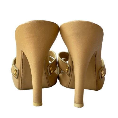 GIUSEPPE ZANOTTI Beige Leather Platform Heeled Slide Sandals, Size 36