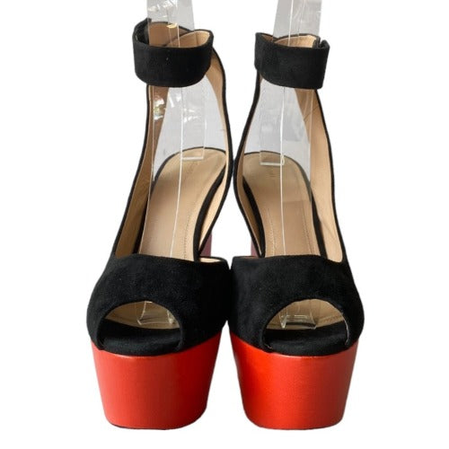 CELINE Black Suede Ankle Strap, Red Leather Platform Peep Toe Sandals, Size 38.5