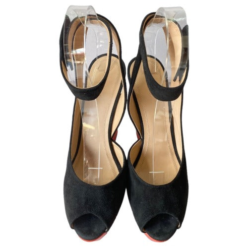 CELINE Black Suede Ankle Strap, Red Leather Platform Peep Toe Sandals, Size 38.5