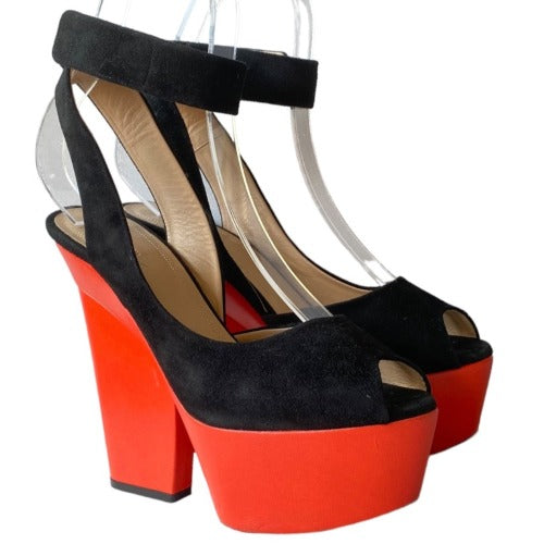 CELINE Black Suede Ankle Strap, Red Leather Platform Peep Toe Sandals, Size 38.5