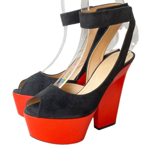 CELINE Black Suede Ankle Strap, Red Leather Platform Peep Toe Sandals, Size 38.5