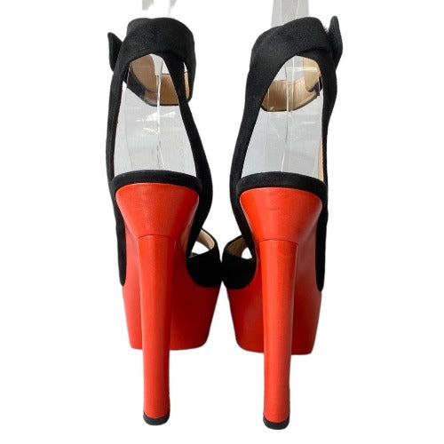 CELINE Black Suede Ankle Strap, Red Leather Platform Peep Toe Sandals, Size 38.5