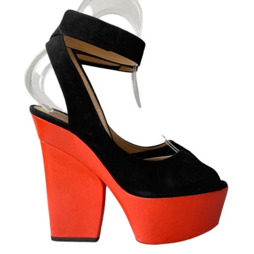 CELINE Black Suede Ankle Strap, Red Leather Platform Peep Toe Sandals, Size 38.5