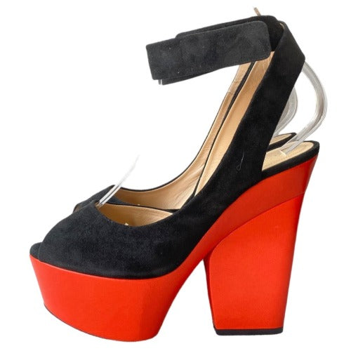 CELINE Black Suede Ankle Strap, Red Leather Platform Peep Toe Sandals, Size 38.5