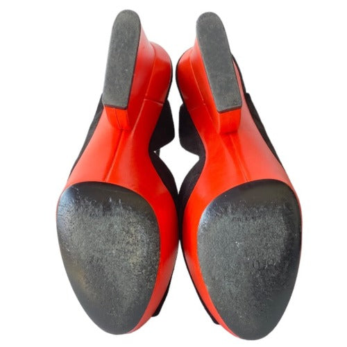 CELINE Black Suede Ankle Strap, Red Leather Platform Peep Toe Sandals, Size 38.5