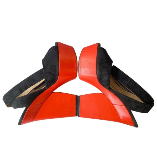 CELINE Black Suede Ankle Strap, Red Leather Platform Peep Toe Sandals, Size 38.5